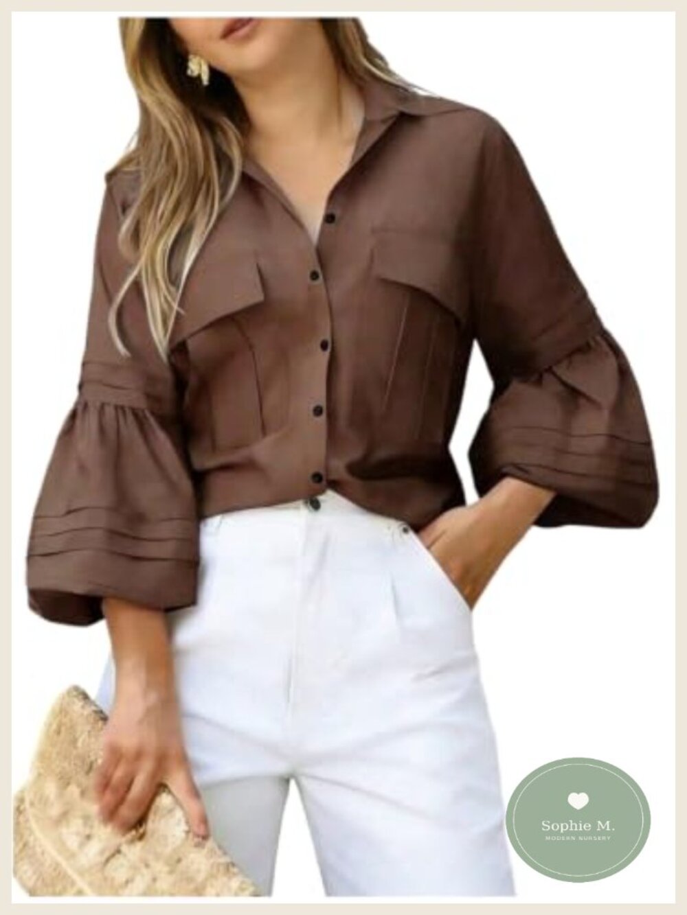 Women's Collared 3/4 Bell Sleeve Business Button Down Blouse Top